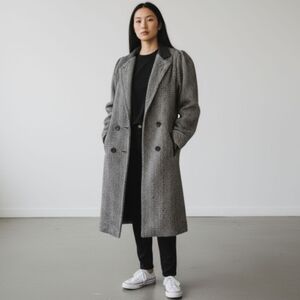 Vintage 90's Gray Tweed Coat Black Leather Trim Herringbone Old Money Sz 6